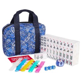 GUSTARIA American Mahjong Set, 166 White Engraved Tiles (1.2), Mahjong Tile Set with Blue Printed Carrying Bag for Travel, Without Rack/Pushers