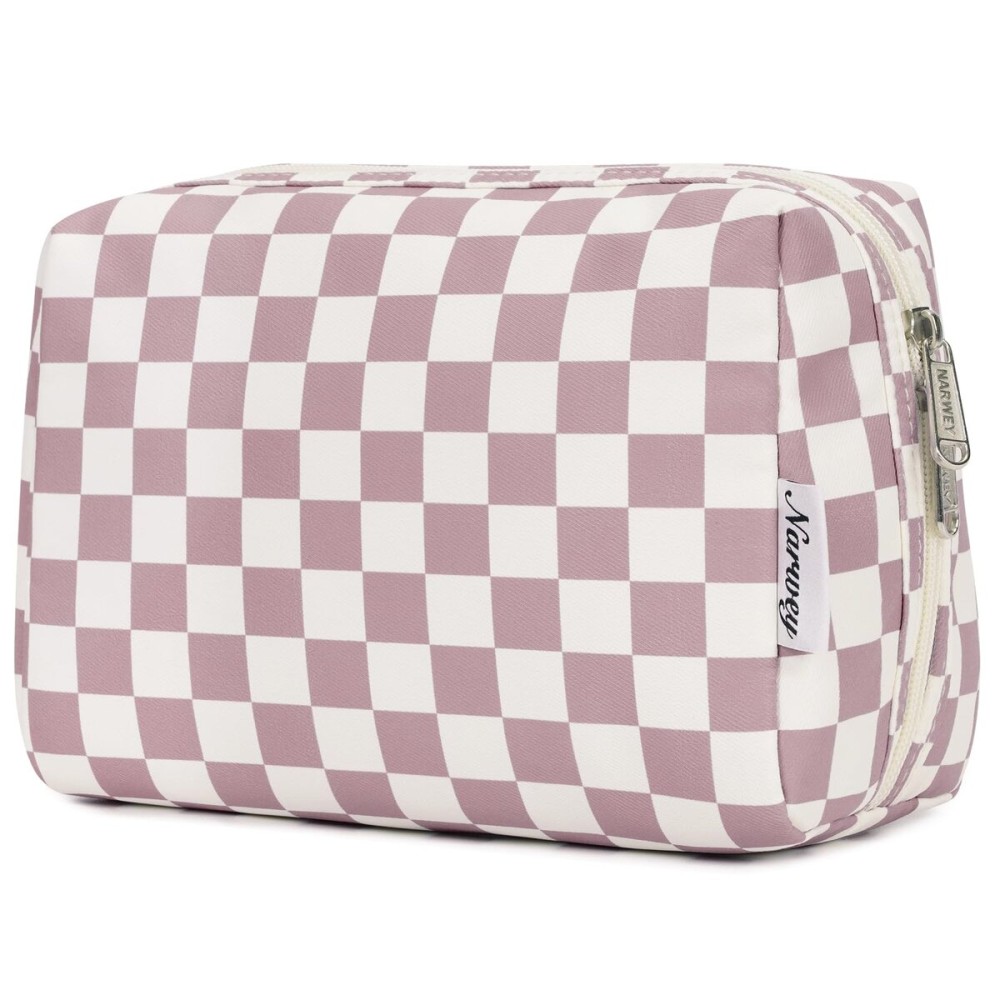 Large Makeup Bag Zipper Pouch Travel Cosmetic Organizer for Women (Large, Dusty Rose Checkerboard)