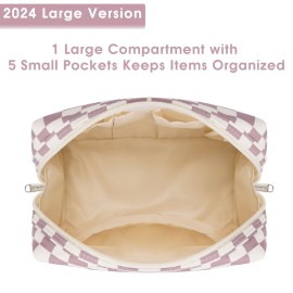 Large Makeup Bag Zipper Pouch Travel Cosmetic Organizer for Women (Large, Dusty Rose Checkerboard)