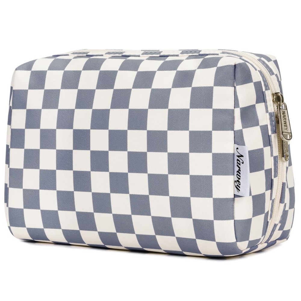 Large Makeup Bag Zipper Pouch Travel Cosmetic Organizer for Women (Large, Grayish Blue Checkerboard)