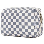 Large Makeup Bag Zipper Pouch Travel Cosmetic Organizer for Women (Large, Grayish Blue Checkerboard)