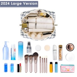 Large Makeup Bag Zipper Pouch Travel Cosmetic Organizer for Women (Large, Grayish Blue Checkerboard)