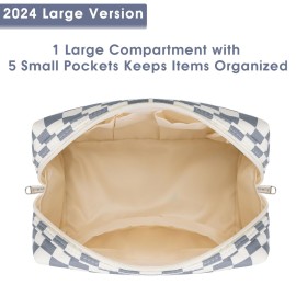 Large Makeup Bag Zipper Pouch Travel Cosmetic Organizer for Women (Large, Grayish Blue Checkerboard)