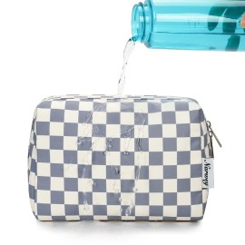 Large Makeup Bag Zipper Pouch Travel Cosmetic Organizer for Women (Large, Grayish Blue Checkerboard)