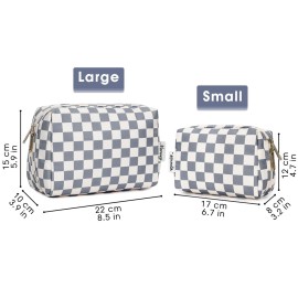 Large Makeup Bag Zipper Pouch Travel Cosmetic Organizer for Women (Large, Grayish Blue Checkerboard)