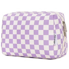 Large Makeup Bag Zipper Pouch Travel Cosmetic Organizer for Women (Large, Purple Checkerboard)
