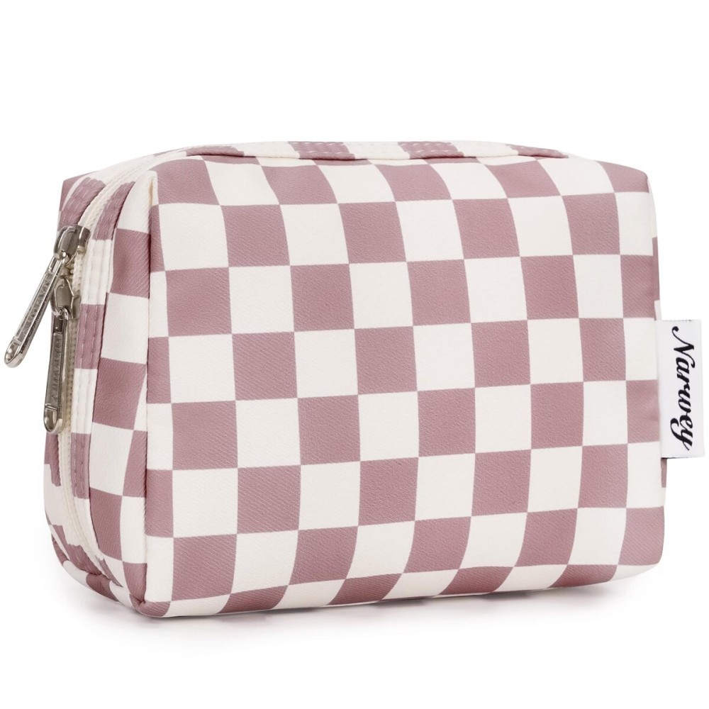 Narwey Small Makeup Bag for Purse Travel Makeup Pouch Mini Cosmetic Bag for Women (Dusty Rose Checkerboard, Small)