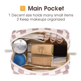 Narwey Small Makeup Bag for Purse Travel Makeup Pouch Mini Cosmetic Bag for Women (Dusty Rose Checkerboard, Small)