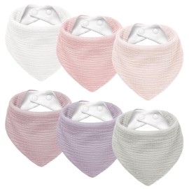 Susurration Muslin Baby Drool Bibs 6Pack Soft Triangular Adjustable Baby Bandana Bibs for Unisex Girls & Boys (Pink)