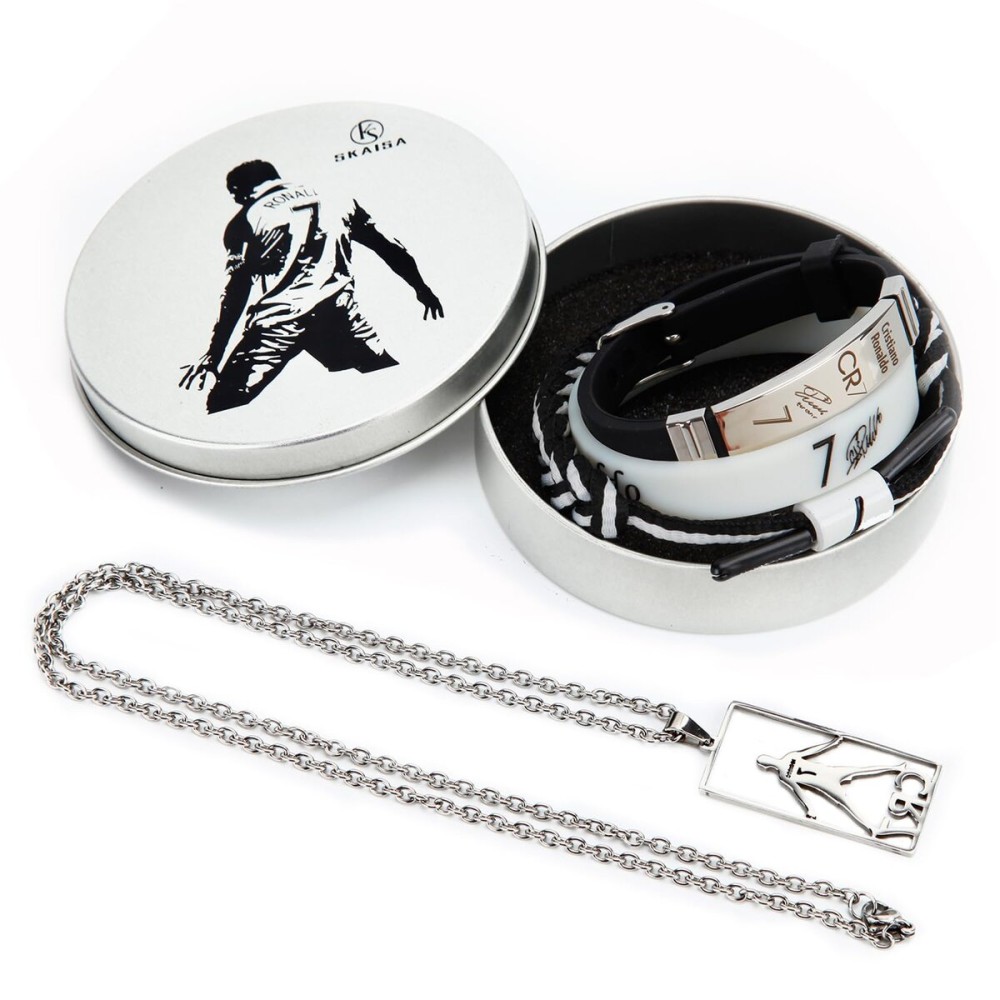 Skaisa Set of 4 Ronaldo Stuff, Ronaldo Necklace, Signature Black Wristband, Hand Weave Bracelet, White Sports Wristband, C-ristiano Ronaldo Merch, Ronaldo Jersey No. 7 Collection Metal Gift Box Skaisa Set of 4 Ronaldo Stuff, Ronaldo Necklace, Signature Black Wristband, Hand Weave Bracelet, White Sports Wristband, C-ristiano Ronaldo Merch, Ronaldo Jersey No. 7 Collection Metal Gift Box