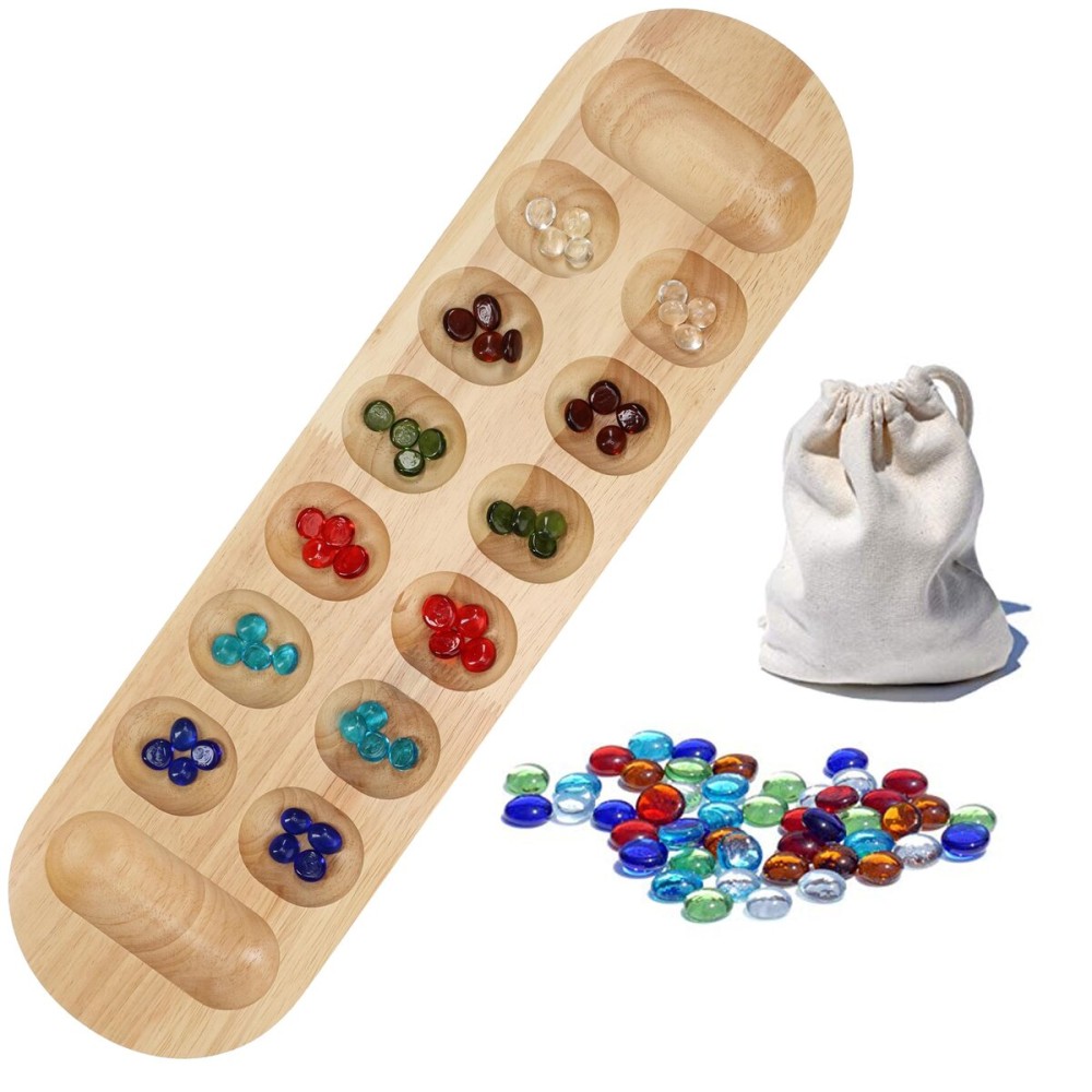 WE Games Classic Mancala Board Game 22 inch, Large Natural Wood Board with Assorted Glass Mancala Stones, African Stone Game, Table Top Dcor WE Games Classic Mancala Board Game 22 inch, Large Natural Wood Board with Assorted Glass Mancala Stones, African Stone Game, Table Top Dcor