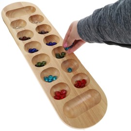 WE Games Classic Mancala Board Game 22 inch, Large Natural Wood Board with Assorted Glass Mancala Stones, African Stone Game, Table Top Dcor WE Games Classic Mancala Board Game 22 inch, Large Natural Wood Board with Assorted Glass Mancala Stones, African Stone Game, Table Top Dcor