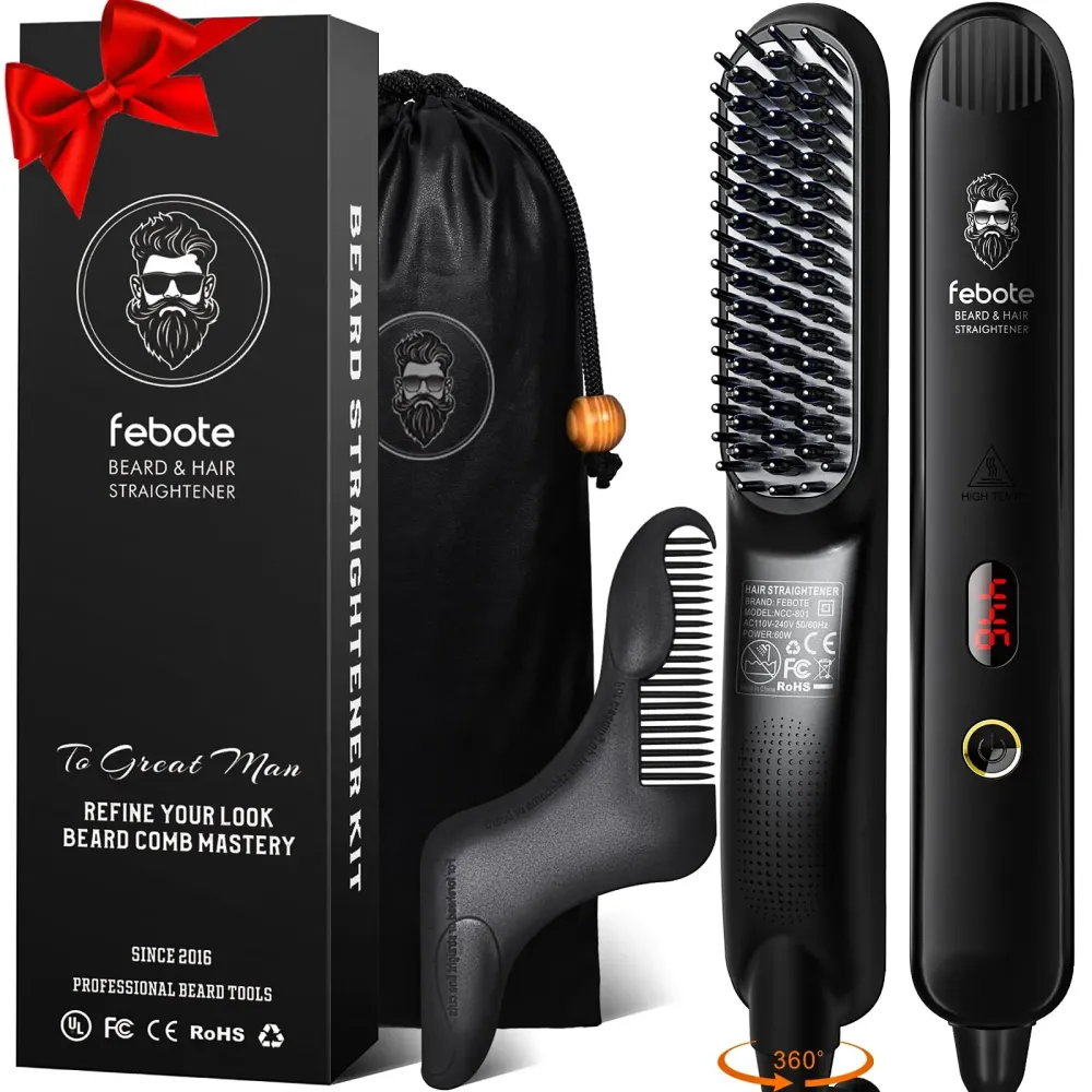 FEBOTE Heated Ionic Hair Straightening Brush for Men - 5 Temperature Settings, Anti-Scald, Beard Shaper & Travel Bag FEBOTE Heated Ionic Hair Straightening Brush for Men - 5 Temperature Settings, Anti-Scald, Beard Shaper & Travel Bag