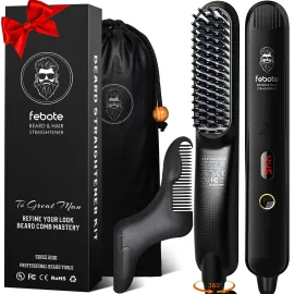FEBOTE Heated Ionic Hair Straightening Brush for Men - 5 Temperature Settings, Anti-Scald, Beard Shaper & Travel Bag