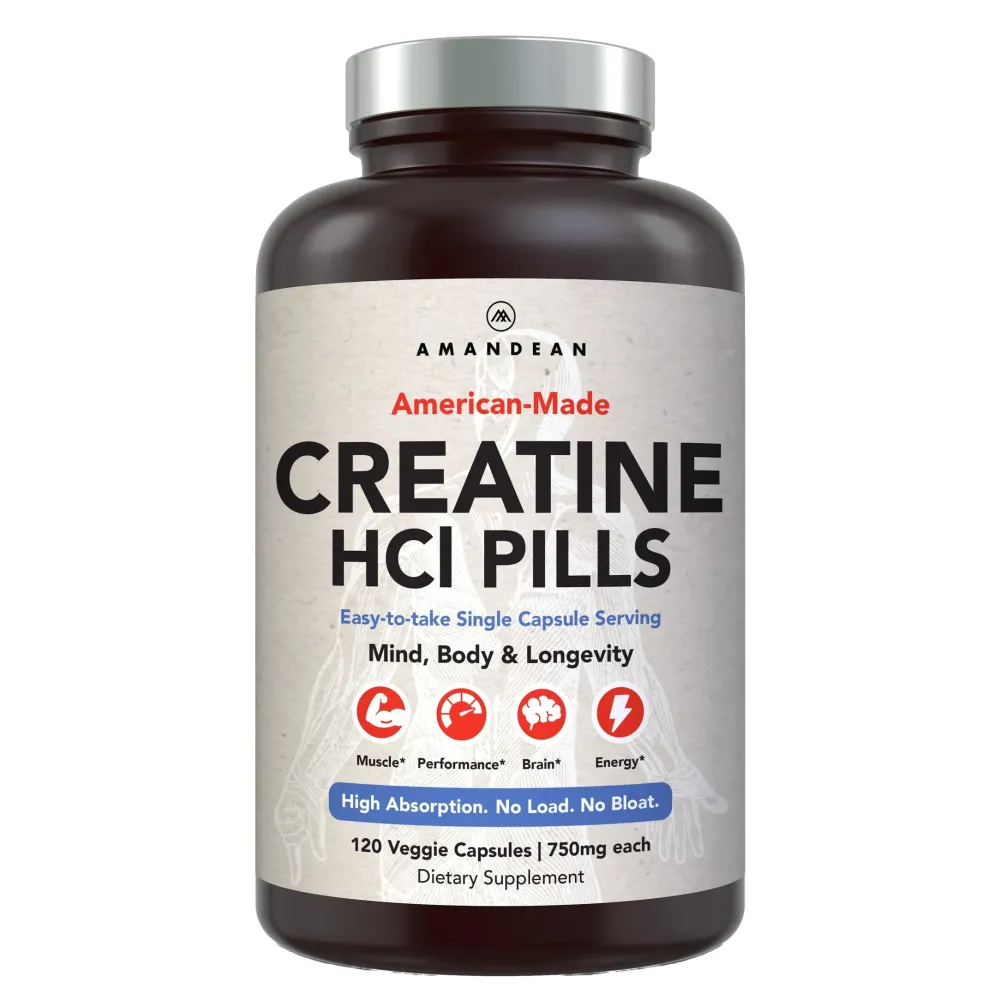 AMANDEAN Creatine HCl Pills. American Made CON-CRET. 120 Capsules. 7X Concentrated vs Monohydrate Powder. No Bloat. Muscle, Energy, Cognitive, Recovery Support for Men & Women. Gluten Free, Non-GMO. AMANDEAN Creatine HCl Pills. American Made CON-CRET. 120 Capsules. 7X Concentrated vs Monohydrate Powder. No Bloat. Muscle, Energy, Cognitive, Recovery Support for Men & Women. Gluten Free, Non-GMO.