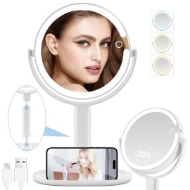 Lighted Makeup Mirror, 20X Magnifying Mirror with Light and Adjustable Brightness, Vanity Mirror with 3 Color Light, 2-Sided Tabletop Mirror, Detachable Travel Makeup Mirror with Light 8.8 In