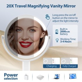 Lighted Makeup Mirror, 20X Magnifying Mirror with Light and Adjustable Brightness, Vanity Mirror with 3 Color Light, 2-Sided Tabletop Mirror, Detachable Travel Makeup Mirror with Light 8.8 In Lighted Makeup Mirror, 20X Magnifying Mirror with Light and Adjustable Brightness, Vanity Mirror with 3 Color Light, 2-Sided Tabletop Mirror, Detachable Travel Makeup Mirror with Light 8.8 In