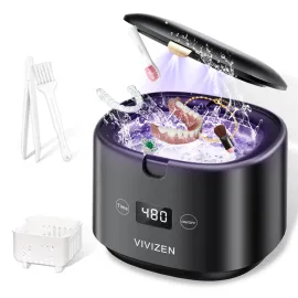 VIVIZEN Ultrasonic Retainer Cleaner Machine Sonic Dental Cleaning Machine for Dentures, Aligners, Braces, Mouth Guards, Jewelry, Portable 30W/45kHz (Black)