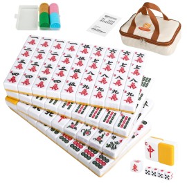 QYMZKA Chinese Small Mahjong Set, 144 Numbered Melamine 1.17 Size Tiles(Yellow) and 8 Blank Tiles, with Carrying Travel Bag, English Instruction, Pro Complete Mahjongg Game Set (Majiang)