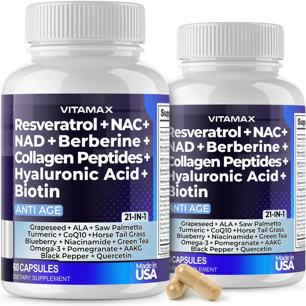Vitamax Resveratrol NAD+ Berberine Hyaluronic Acid - Biotin Grape & Blueberry + NAC - Collagen Peptides - Hair, Nail, Skin & Joint Supplement - 21-in-1 Women and Men - Made in USA - 120 Count Vitamax Resveratrol NAD+ Berberine Hyaluronic Acid - Biotin Grape & Blueberry + NAC - Collagen Peptides - Hair, Nail, Skin & Joint Supplement - 21-in-1 Women and Men - Made in USA - 120 Count