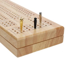 Pacific Shore Games Wooden Cribbage Board Game Set, Continuous 3 Track for 2-3 Players with Card Storage