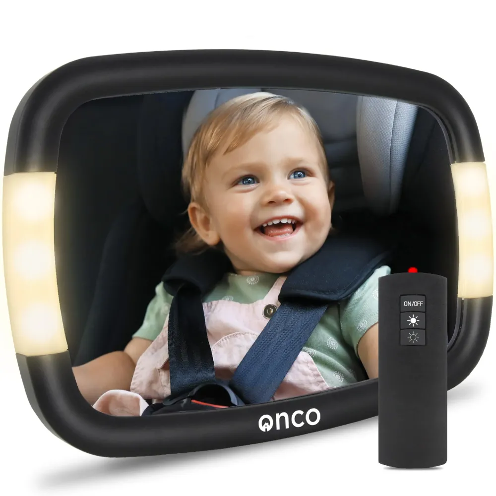Onco LED Baby Car Mirror with Light - 2 Modes for Day & Night Driving, 100% Shatterproof & Shakeproof Car Mirror for Baby with 360 Rotation