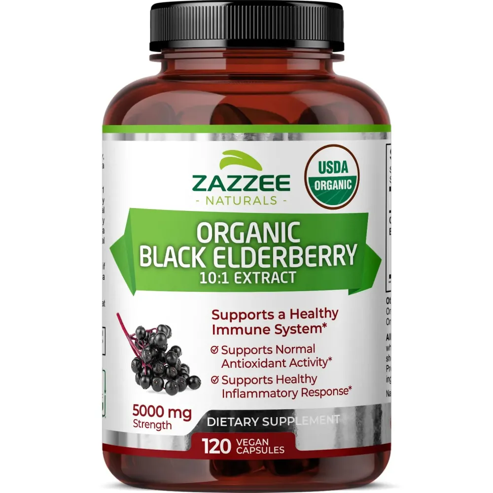 Zazzee USDA Organic Black Elderberry 10:1 Extract, 5000 mg Strength, 120 Vegan Capsules, 2 Month Supply, Standardized, Concentrated 10X Extract, 100% Vegetarian, All-Natural, Non-GMO, Made in The USA Zazzee USDA Organic Black Elderberry 10:1 Extract, 5000 mg Strength, 120 Vegan Capsules, 2 Month Supply, Standardized, Concentrated 10X Extract, 100% Vegetarian, All-Natural, Non-GMO, Made in The USA