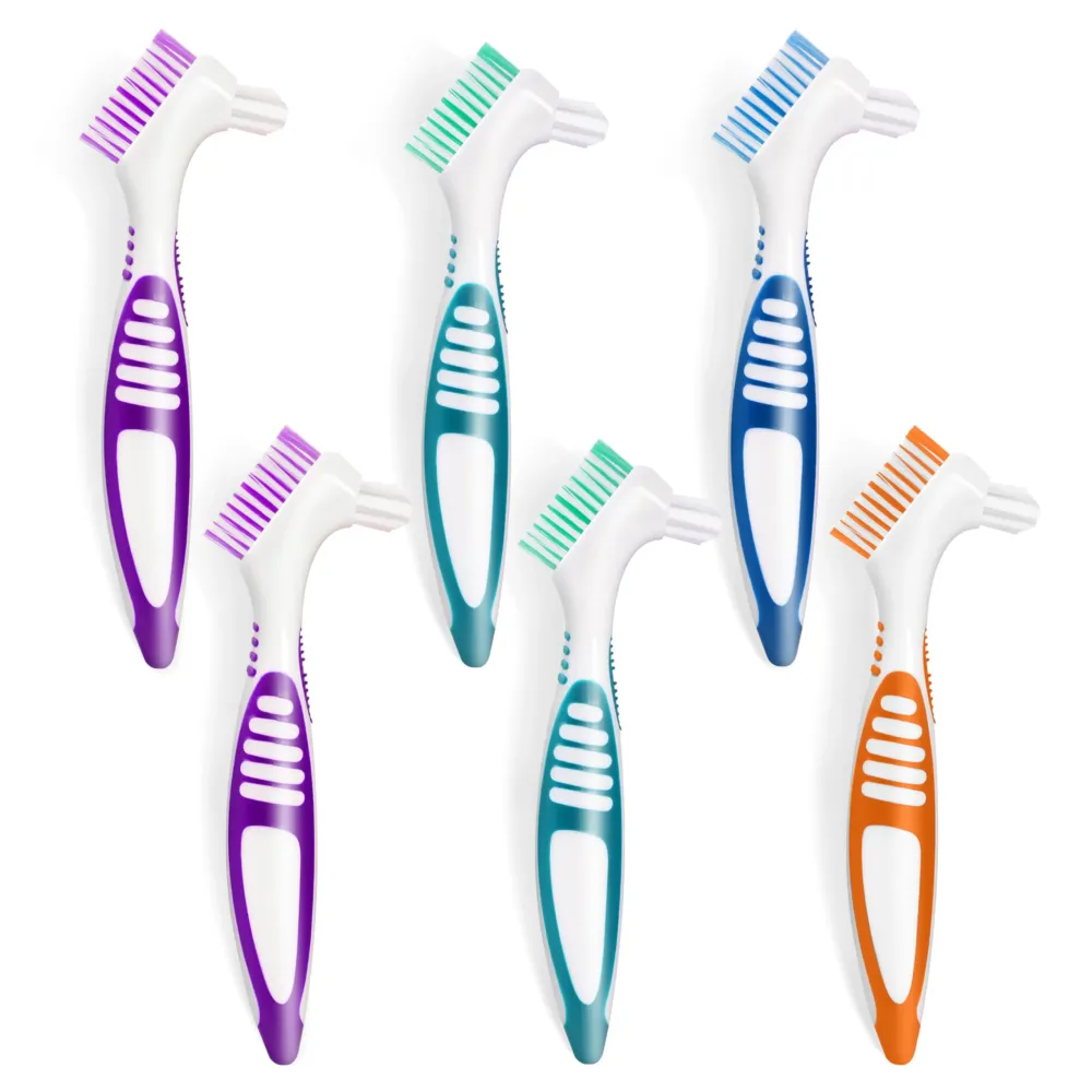 6 Pcs Denture Brush Set for False Teeth, Denture Toothbrushes with Double Sided Design, Denture Cleaning Brush with Multi-Layered Soft Bristles and Rubber Anti-Slip Handle, 4 Colors