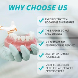 6 Pcs Denture Brush Set for False Teeth, Denture Toothbrushes with Double Sided Design, Denture Cleaning Brush with Multi-Layered Soft Bristles and Rubber Anti-Slip Handle, 4 Colors