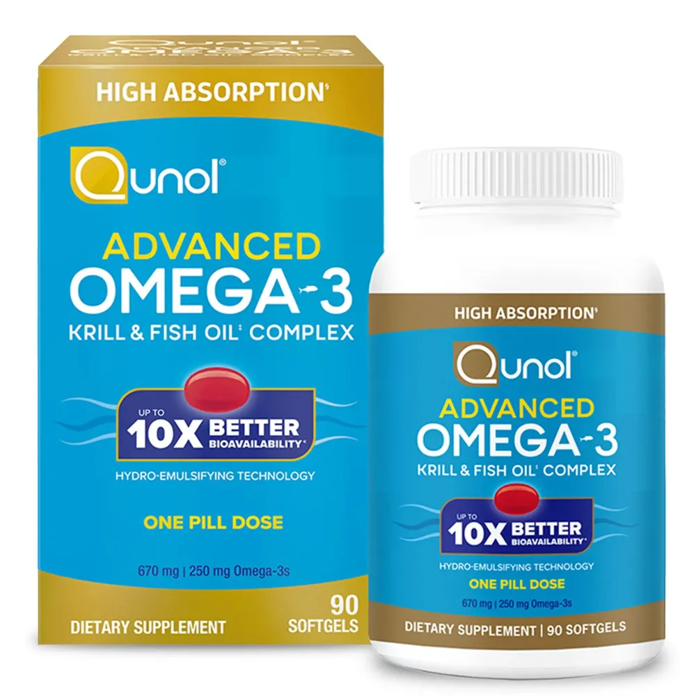 Qunol Advanced Omega 3 Krill and Fish Oil Complex, 10x Better Bioavailability, One Pill Dose, 250mg EPA & DHA, Supports Brain, Eye, Heart and Joint Health, 90 Count (Pack of 1) Qunol Advanced Omega 3 Krill and Fish Oil Complex, 10x Better Bioavailability, One Pill Dose, 250mg EPA & DHA, Supports Brain, Eye, Heart and Joint Health, 90 Count (Pack of 1)