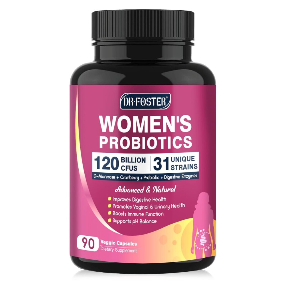 DRFOSTER Probiotics for Women Digestive Health, Vaginal probiotics 120 Billion CFU 31 Strains with Digestive Enzymes & Prebiotics & D Mannose & Cranberry for Urinary Tract, 90 Capsules DRFOSTER Probiotics for Women Digestive Health, Vaginal probiotics 120 Billion CFU 31 Strains with Digestive Enzymes & Prebiotics & D Mannose & Cranberry for Urinary Tract, 90 Capsules