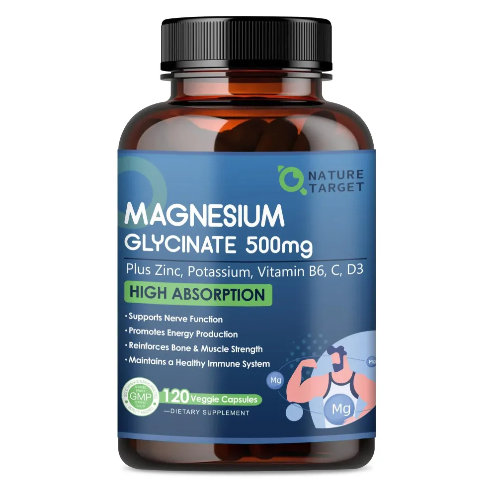 NATURE TARGET Magnesium Glycinate 500mg, Chelated Magnesium with Zinc & Vitamin D3 for Muscle, Nerve & Bone, Support Heart Health & Leg Cramp, Strength Immune System - 120 Capsules NATURE TARGET Magnesium Glycinate 500mg, Chelated Magnesium with Zinc & Vitamin D3 for Muscle, Nerve & Bone, Support Heart Health & Leg Cramp, Strength Immune System - 120 Capsules