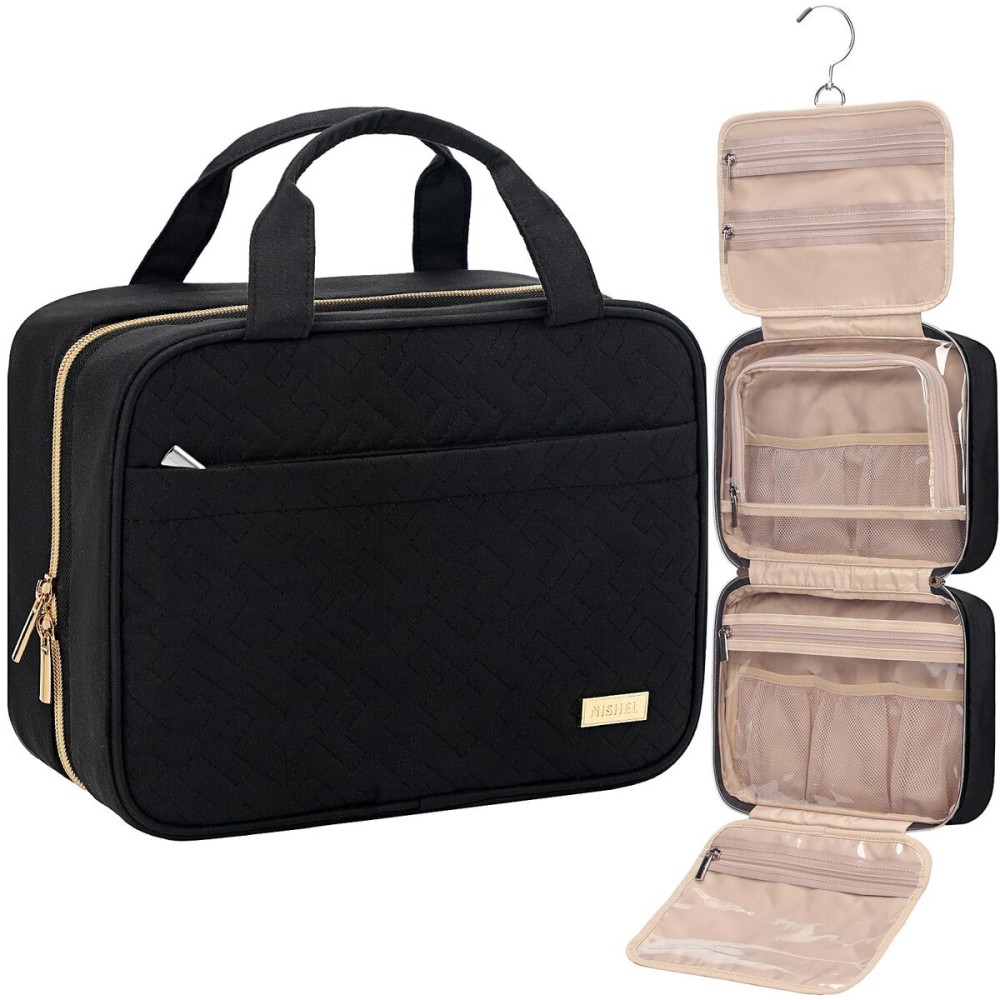 NISHEL Travel Toiletry Bag for women, Portable Hanging Organizer for Travel-Sized Shampoo, Conditioner, Brushes Set, makeup Accessories, Medium Size, Black NISHEL Travel Toiletry Bag for women, Portable Hanging Organizer for Travel-Sized Shampoo, Conditioner, Brushes Set, makeup Accessories, Medium Size, Black
