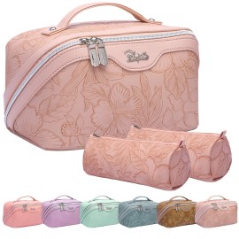 Travel Makeup Bags Cosmetic Organizer Bag: 3-Set Large Capacity Make up Bag - PU Leather Toiletry Bag for Women - Wide Open Portable Pouch with Divider & Handle 01-Pink-new
