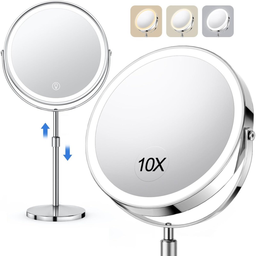UBYMET Lighted Makeup Mirror, Rechargeable Height Adjustable Double Sided, 1x/10x Magnifying with 3 Color, Brightness Adjustable, 360 Rotation Vanity, Gift for Women UBYMET Lighted Makeup Mirror, Rechargeable Height Adjustable Double Sided, 1x/10x Magnifying with 3 Color, Brightness Adjustable, 360 Rotation Vanity, Gift for Women