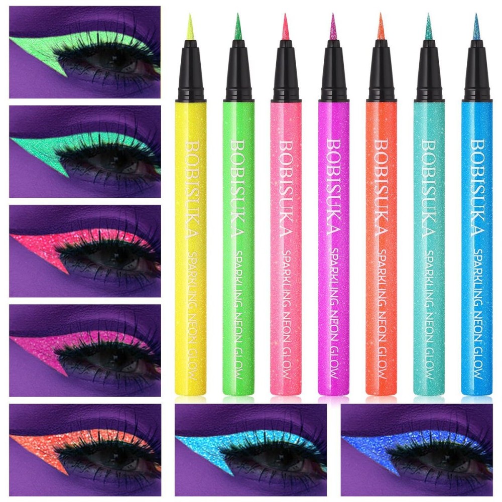 BOBISUKA UV Shimmer Glow Liquid Eyeliner Set, 7 Colors Glitter Neon Colored Eyeliners Pen, Colorful Waterproof Pigmented Graphic Liners, Metallic Eye Makeup Kit for Rave Accessories Party BOBISUKA UV Shimmer Glow Liquid Eyeliner Set, 7 Colors Glitter Neon Colored Eyeliners Pen, Colorful Waterproof Pigmented Graphic Liners, Metallic Eye Makeup Kit for Rave Accessories Party