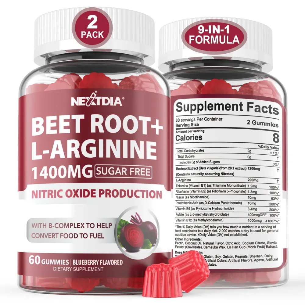 Beet Root Gummies & L-Arginine 1400mg (Made in USA), Sugar Free Nitric Oxide Supplement for Men & Women w/ B1, B2, B3, B5, B6, Folate, B12 for Energy Boost, Blood Flow & Circulation Support, 120 Cts Beet Root Gummies & L-Arginine 1400mg (Made in USA), Sugar Free Nitric Oxide Supplement for Men & Women w/ B1, B2, B3, B5, B6, Folate, B12 for Energy Boost, Blood Flow & Circulation Support, 120 Cts