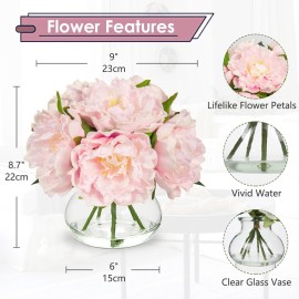 Hollyone Pink Peonies Artificial Flowers with Vase Faux Flowers Peony Fake Flowers Silk Flower Arrangements in Glass Vase with Faux Water for Home Decor Bathroom Table Centerpiece Shelf Decorations Hollyone Pink Peonies Artificial Flowers with Vase Faux Flowers Peony Fake Flowers Silk Flower Arrangements in Glass Vase with Faux Water for Home Decor Bathroom Table Centerpiece Shelf Decorations