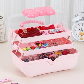 Huniupore Hair Accessories Organizer for Girls Headbands, Clips, Ties Baby Girl Supplies, Lockable Three-layer Folding Craft Organizers and Storage Plastic Jewelry Box,10.8 * 5.9 * 5.7in (Pink)
