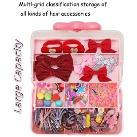 Huniupore Hair Accessories Organizer for Girls Headbands, Clips, Ties Baby Girl Supplies, Lockable Three-layer Folding Craft Organizers and Storage Plastic Jewelry Box,10.8 * 5.9 * 5.7in (Pink)
