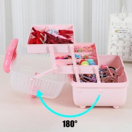 Huniupore Hair Accessories Organizer for Girls Headbands, Clips, Ties Baby Girl Supplies, Lockable Three-layer Folding Craft Organizers and Storage Plastic Jewelry Box,10.8 * 5.9 * 5.7in (Pink)