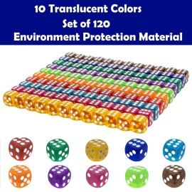 120 Pieces 16MM Dice Set, 6 Sided Standard Game Dices with Portable Box for Board Games,Worker Placement,Math Activities(Translucent Round Corners,10 Colors)