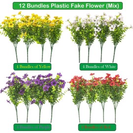Grunyia Artificial Fake Plants Flowers for Outdoor Spring Decoration, 16 Bundles Faux Silk Colorful Daisy UV Resistant Realistic for Outside Porch Patio Home Yard Garden Planters Pots Window Box(Mix)