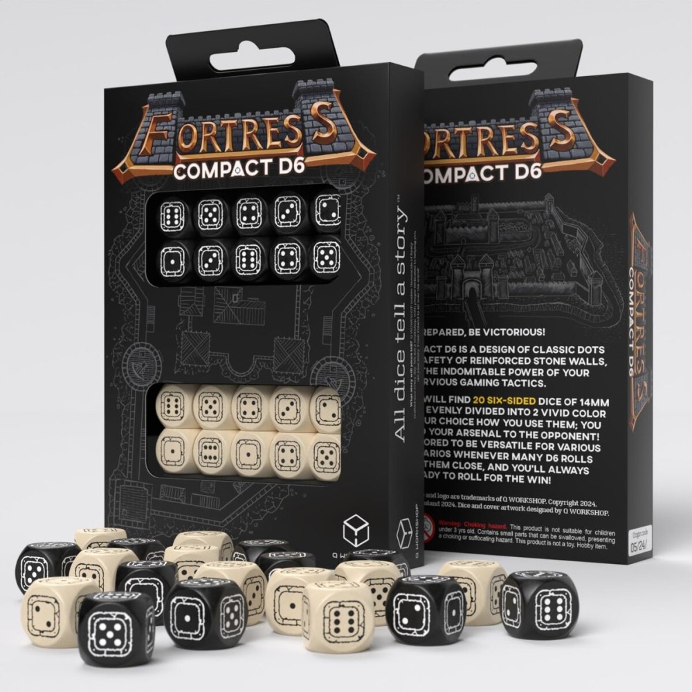Fortress Compact D6: Black & Beige by Q-Workshop, Dice for RPG Board Games, for 1+ Players and Ages 14+ Fortress Compact D6: Black & Beige by Q-Workshop, Dice for RPG Board Games, for 1+ Players and Ages 14+