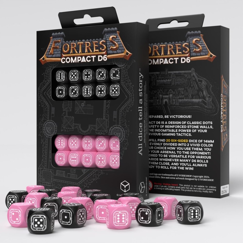 Fortress Compact D6: Black & Pink by Q-Workshop, Dice for RPG Board Games, for 1+ Players and Ages 14+ Fortress Compact D6: Black & Pink by Q-Workshop, Dice for RPG Board Games, for 1+ Players and Ages 14+