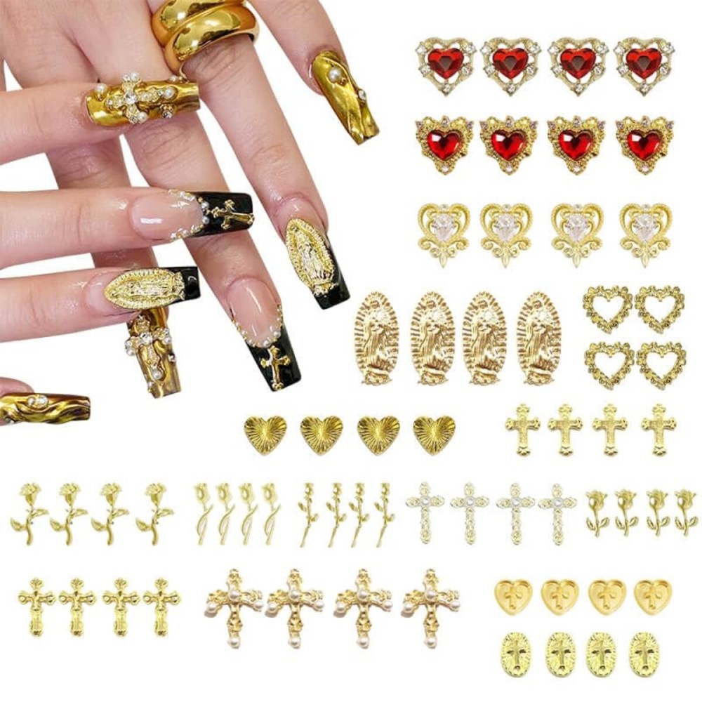 64pcs Gold Nail Charms Set with Gold Cross, Hearts, Rose, and Virgin Mary - Y2K 3D Chrome Nail Decorations 64pcs Gold Nail Charms Set with Gold Cross, Hearts, Rose, and Virgin Mary - Y2K 3D Chrome Nail Decorations