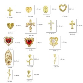 64pcs Gold Nail Charms Set with Gold Cross, Hearts, Rose, and Virgin Mary - Y2K 3D Chrome Nail Decorations 64pcs Gold Nail Charms Set with Gold Cross, Hearts, Rose, and Virgin Mary - Y2K 3D Chrome Nail Decorations