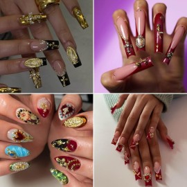 64pcs Gold Nail Charms Set with Gold Cross, Hearts, Rose, and Virgin Mary - Y2K 3D Chrome Nail Decorations 64pcs Gold Nail Charms Set with Gold Cross, Hearts, Rose, and Virgin Mary - Y2K 3D Chrome Nail Decorations