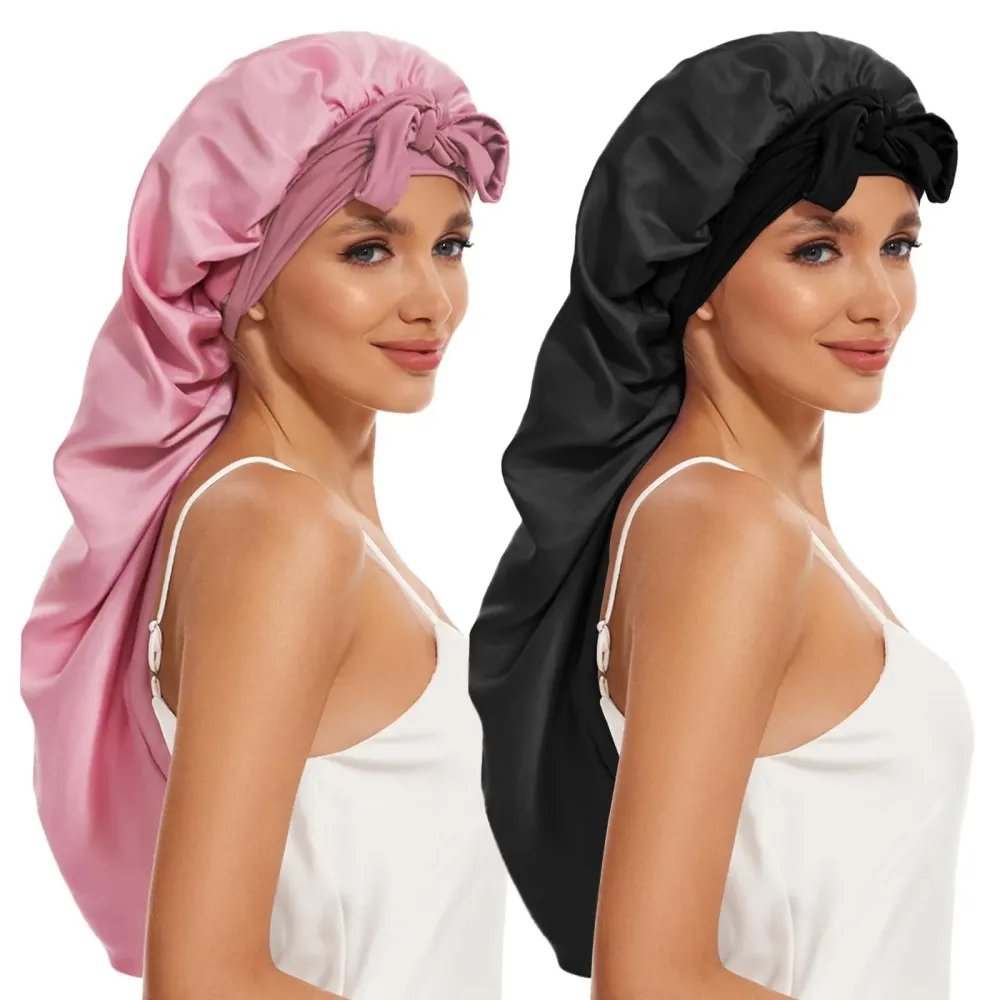 DEMAZALO Long Bonnet for Braids & Curly Hair, Silk Satin Bonnet for Sleeping, Extra Large Bonnets for Women Braid (Black Pink)