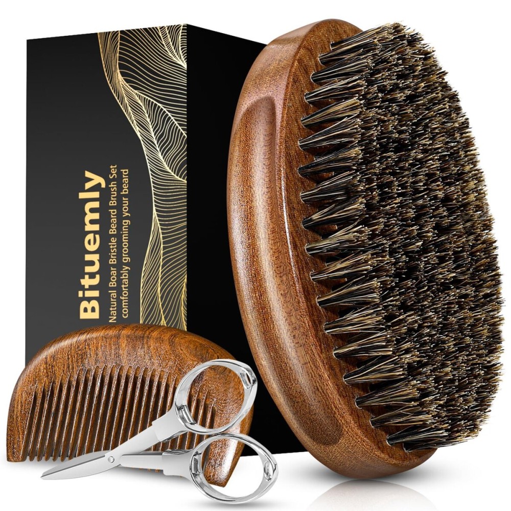 Bituemly Beard Brush, Natural Boar Bristles Beard Brush for Men and Wooden Sandalwood Pocket Beard Comb Set, Facial Hair Grooming Kit with Mustache Scissors as a Styling Tool, Growth, Detangles, Shine Bituemly Beard Brush, Natural Boar Bristles Beard Brush for Men and Wooden Sandalwood Pocket Beard Comb Set, Facial Hair Grooming Kit with Mustache Scissors as a Styling Tool, Growth, Detangles, Shine